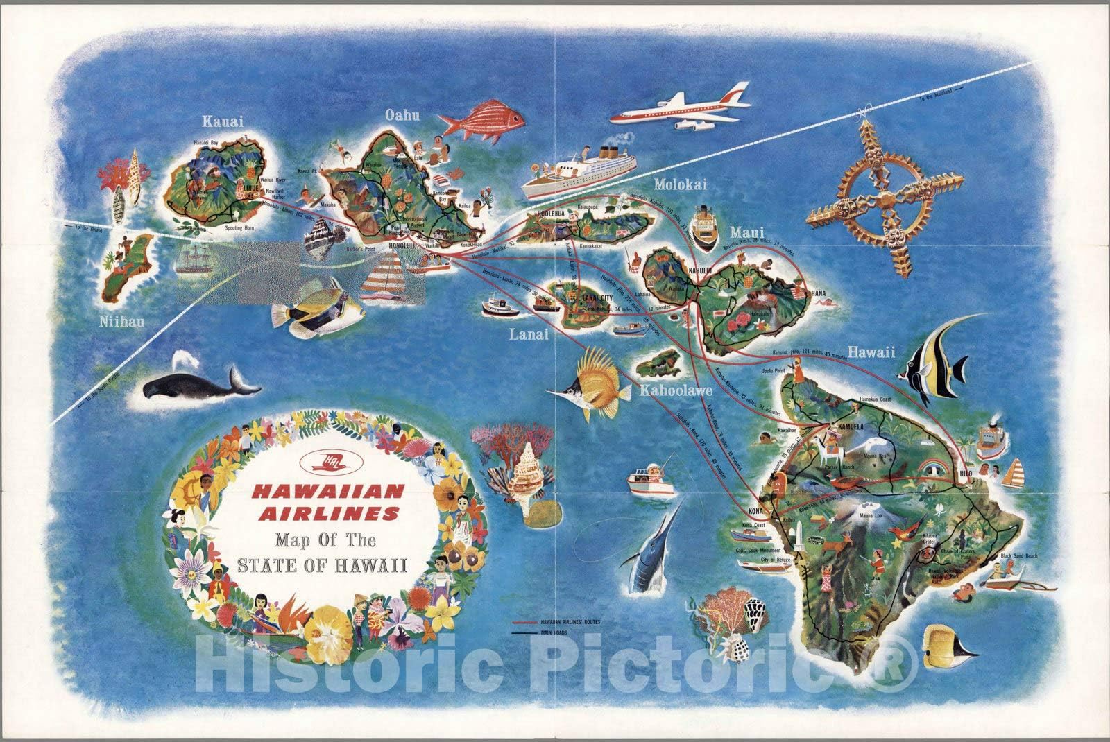 Historic Map - Hawaiian Airlines Map of The State of Hawaii, 1963 - Vintage Wall Art - 24in x 16in