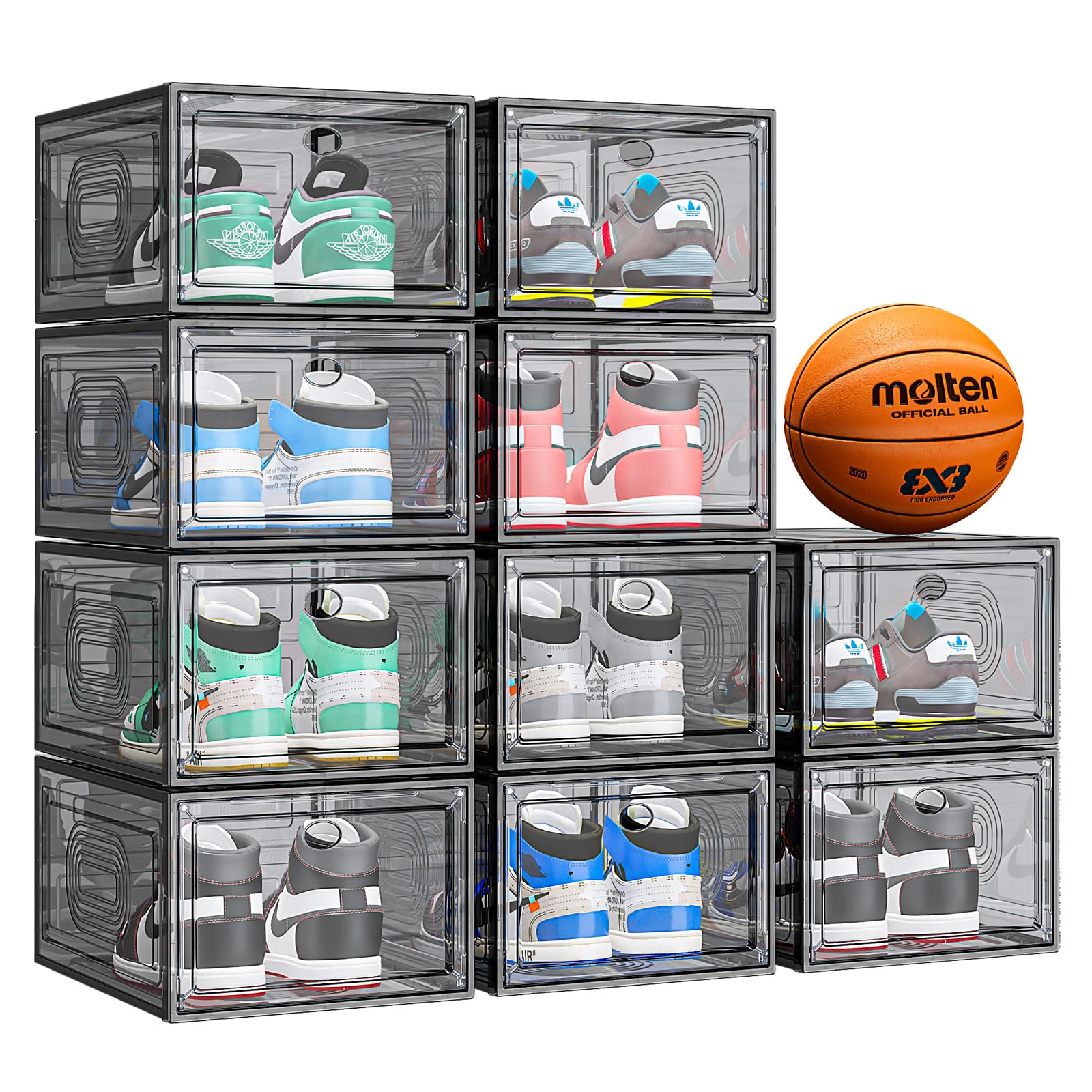 View 1 of caktraie 10 Pack Thicken Shoe Organizer Stackable,Upgraded Sturdy Shoe Storage Box with Magnetic Door,Shoe Containers For Sneaker Display,Hat Organizer,Black…
