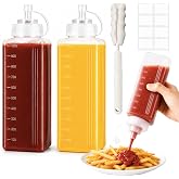 Eywwuu 1 Quart Large Squeeze Bottle for Sauces, 34 oz Wide Mouth Condiment Squeeze Bottles, Plastic Squirt Bottles with Labels, Cleaning Brush &amp; Leak-Proof Lids for BBQ, Oil, Mayo, Salsa &amp; Cold Foam
