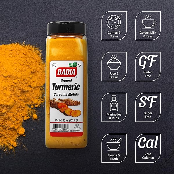 BADIA GROUND TURMERIC POWDER, 16 OZ – PREMIUM CURCUMA SEASONING FOR COOKING, GOLDEN FLAVOR & RICH AROMA