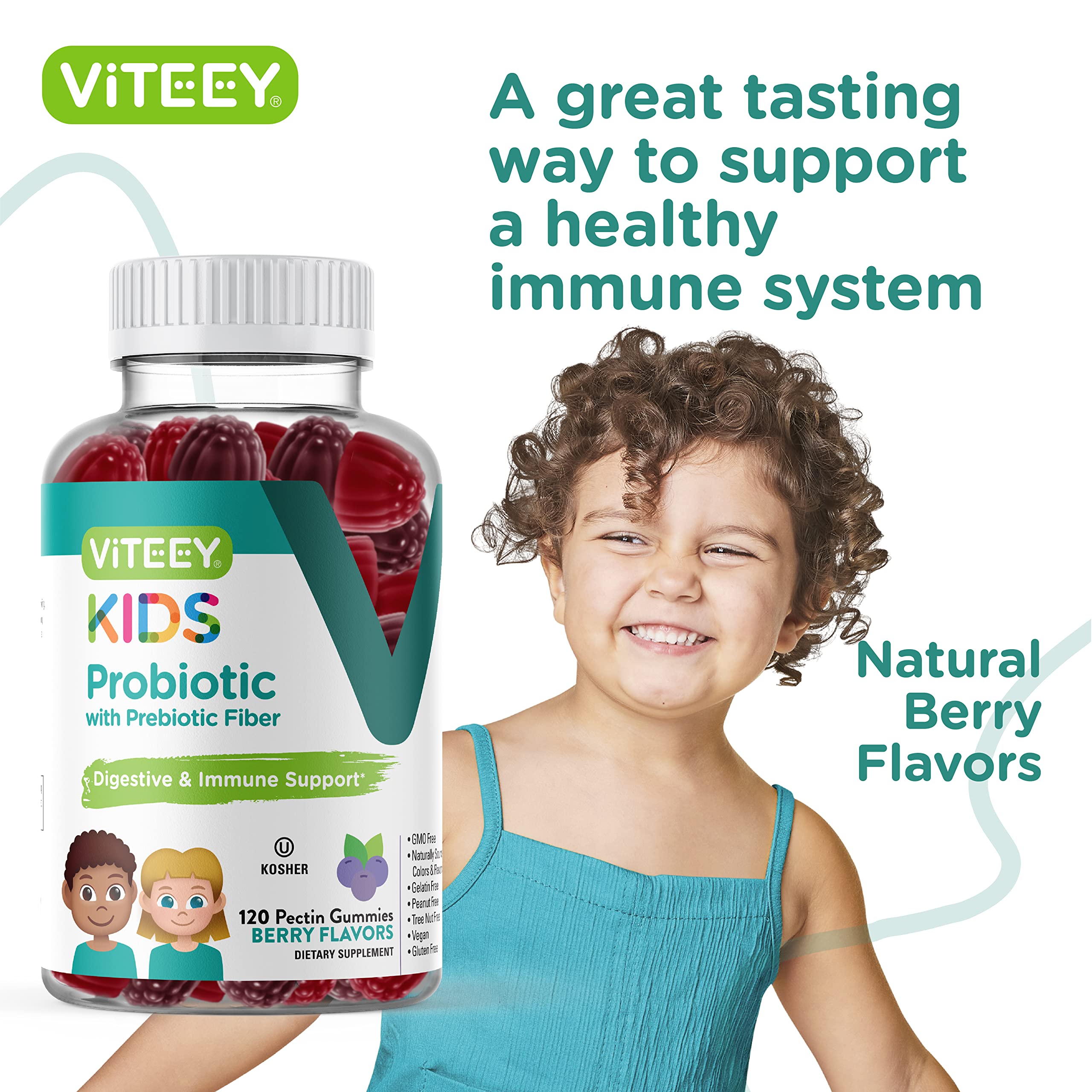 Viteey Probiotic Gummies for Kids Plus Prebiotics Fiber - 2 Billion CFUs - Digestive Health,Gut Health, Constipation Relief for Kids Support - Vegan, Gelatin Free - Chewable Probiotic Berry Flavored