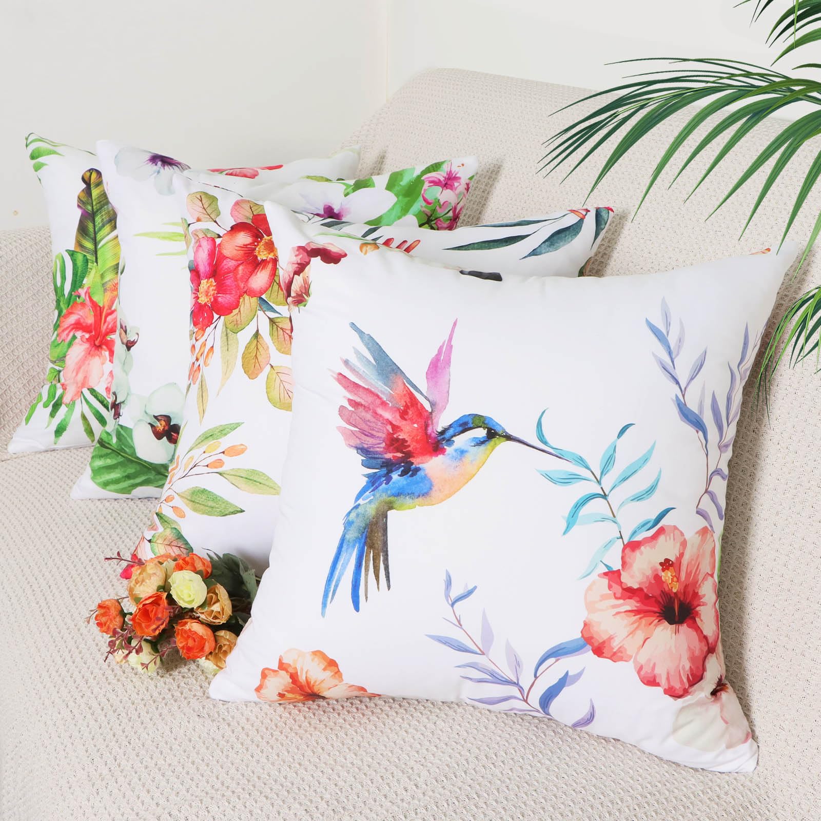 Betadistor Cushion Covers 45 x 45, Birds Flowers Painted Pack of 4 Square Throw Pillowcase with Invisible Zipper for Sofa & Couch, Flowers, 505-0095
