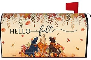 HARETU Hello Fall Dog Mailbox Cover 21x18 Inch, Autumn Maple Leaf Post Letter Box Covers, Harvest Thanksgiving Magnetic Waterproof Mail Wraps for Outdoor Yard Garden Standard Mailbox Decor