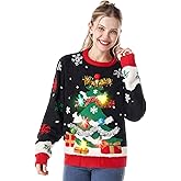 Giggling Getup Ugly Christmas Sweater with Light, LED Ugly Christmas Sweater for Women Men Kids 2025 Christmas Tree(Black)