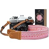 Padwa Lifestyle Speed Pink Camera Strap - 1.5" Soft Cotton Rope Weave Crazy Horse Cowhide Head Camera Straps for Photographers and All Cameras,Cute Adjustable Vintage Woven Strap for Adults & Kids