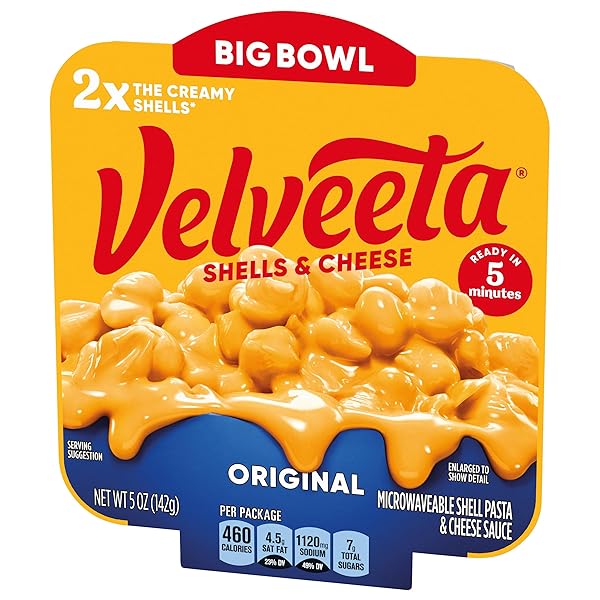 VELVEETA SHELLS & CHEESE ORIGINAL SHELL PASTA WITH 2X THE CREAMY SHELLS BIG BOWL MICROWAVE MEAL, 5 OZ TRAY