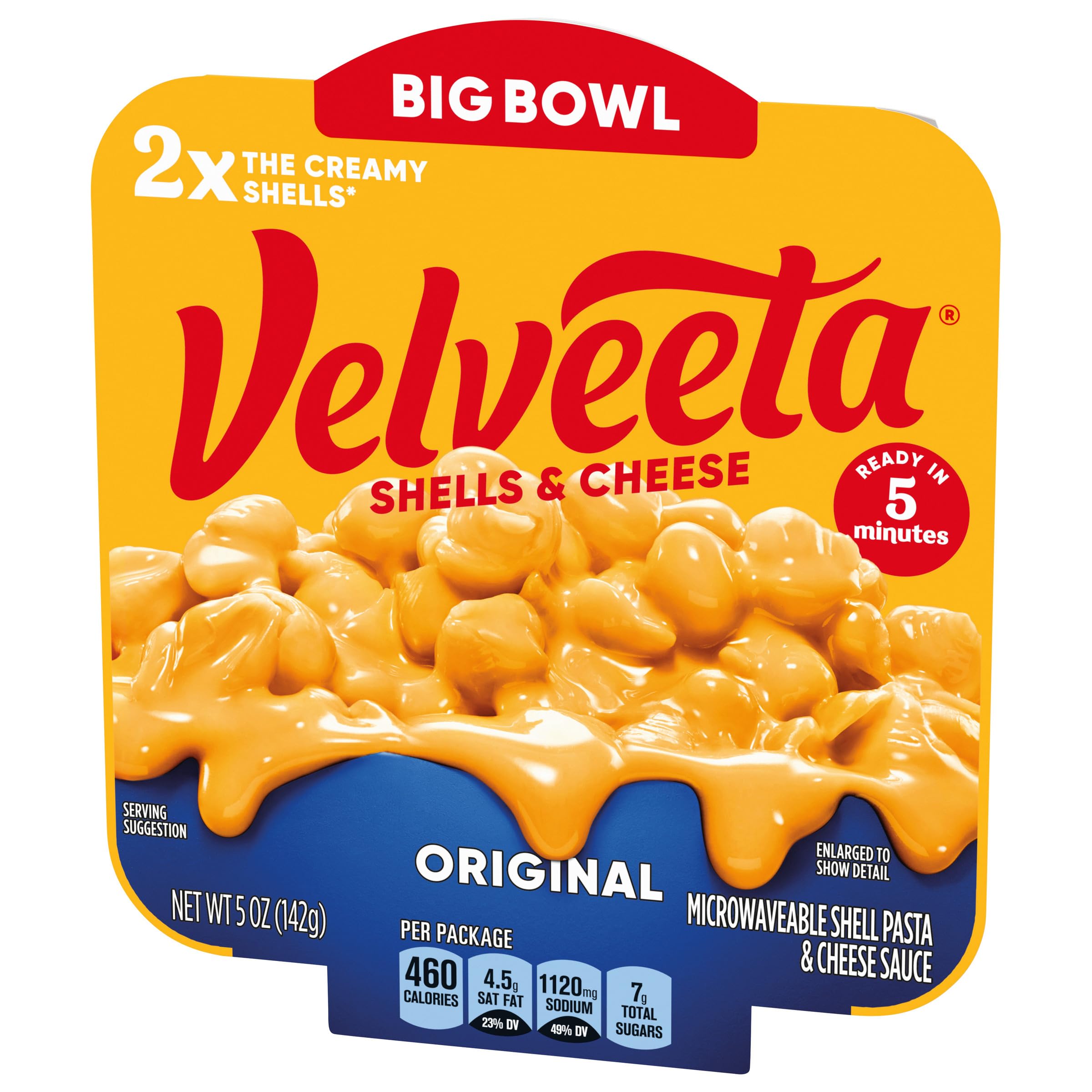 Velveeta Shells & Cheese Original Shell Pasta with 2X the Creamy Shells Big Bowl Microwave Meal, 5 oz Tray