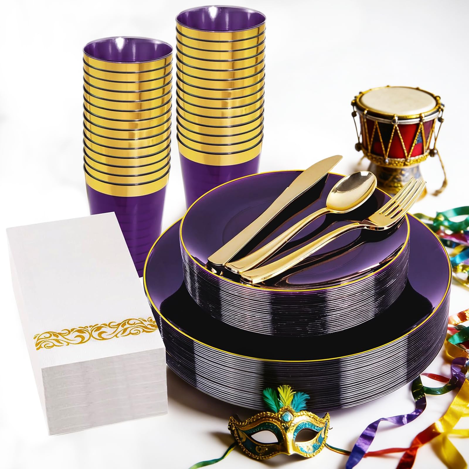 Photo 1 of *MISSING PARTS*
YOUBET 175PCS Purple Plastic Plates - Purple and Gold Disposable Plates Include 50 Plate, 75 Silverware, 25 Cups, 25 Napkins for Wedding & Mardi Gras Party