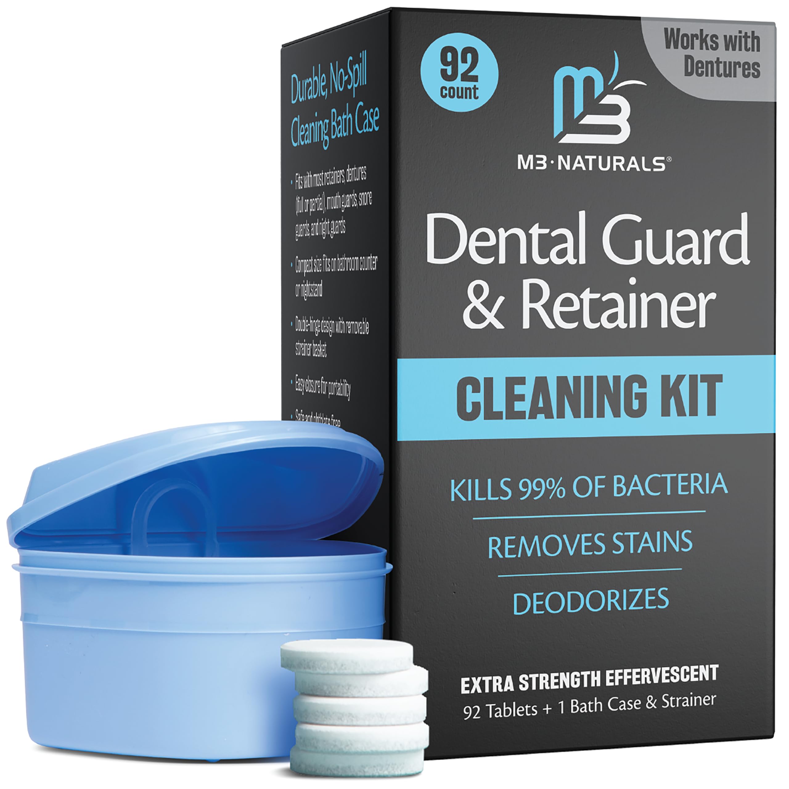 Retainer & Denture Cleaning Kit, 92 Tablets + Bath Case & Strainer by M3