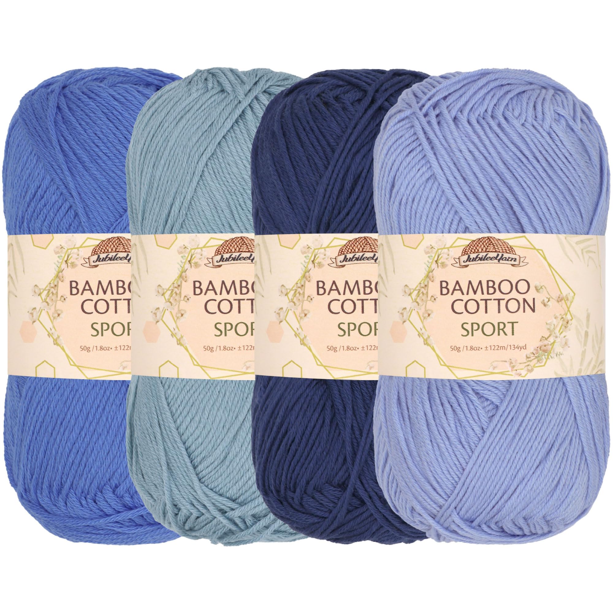 JubileeYarn Bamboo Cotton Sport 4 Ply Yarn - 50g/Skein - Shades of Blue - 4 Skeins