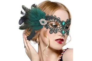 Zinniday Halloween Feather Masquerade Masks - 1920s 50s Antique Lace Venetian Mask for Women Renaissance Cosplay Party