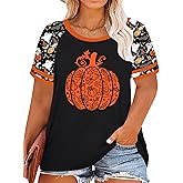 Plus Size Halloween Shirts for Women Pumpkin Graphic Tshirt Fall Casual Short Sleeve Tee Tops
