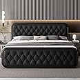 Feonase King Size Bed Frame, Upholstered Bed Frame with Faux Leather Headboard, Heavy Duty Platform Bed with Strong Metal Slats, 12 Inch Under-Bed Storage, Noise-Free, Easy Assembly, Black
