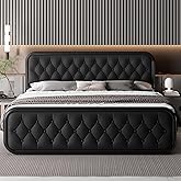Feonase King Size Bed Frame, Upholstered Bed Frame with Faux Leather Headboard, Heavy Duty Platform Bed with Strong Metal Slats, 12 Inch Under-Bed Storage, Noise-Free, Easy Assembly, Black