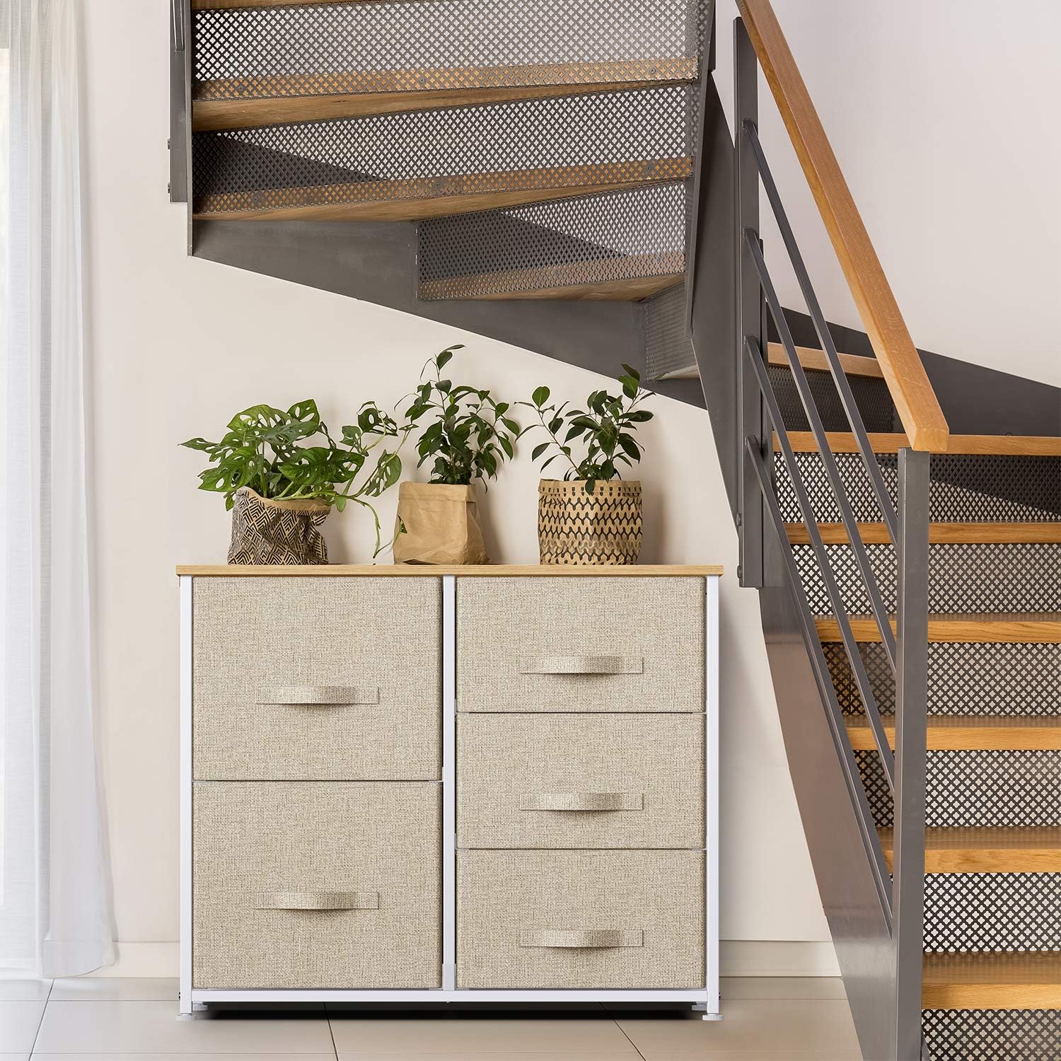 Fabric Dresser with 5 Drawers, Vertical Wide Dresser Storage Tower, Organizer Unit with Wood Top and Easy Pull Handle for Closets, Living Room, Nursery Room, Hallway by Pipishell: Home Improvement