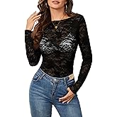 OMSJ Womens Lace Floral Mesh Tops Long Sleeve Sexy See Through Blouse Round Neck Layering Top Shirts