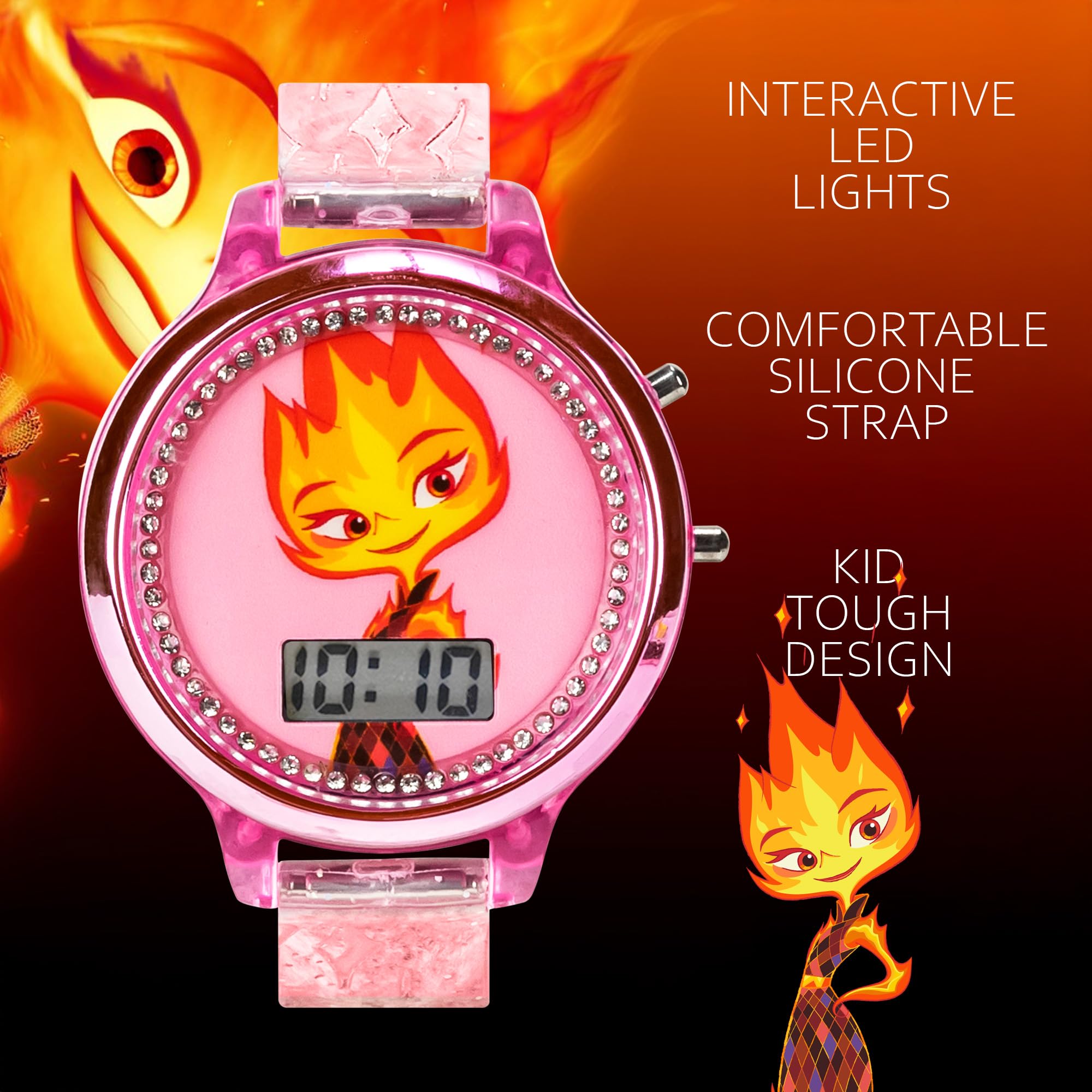 Accutime Disney Elemental Ember Lumen Kids’ Watch – Fiery Pink LCD Display with LED Lightshow Feature, Water-Resistant with Special Edition Gift Tin