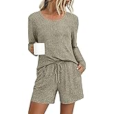 DouBCQ Womens Pajama Sets Ribbed Knit Lounge Set Long Sleeve Top and Shorts 2 Piece Casual Pjs with Pockets