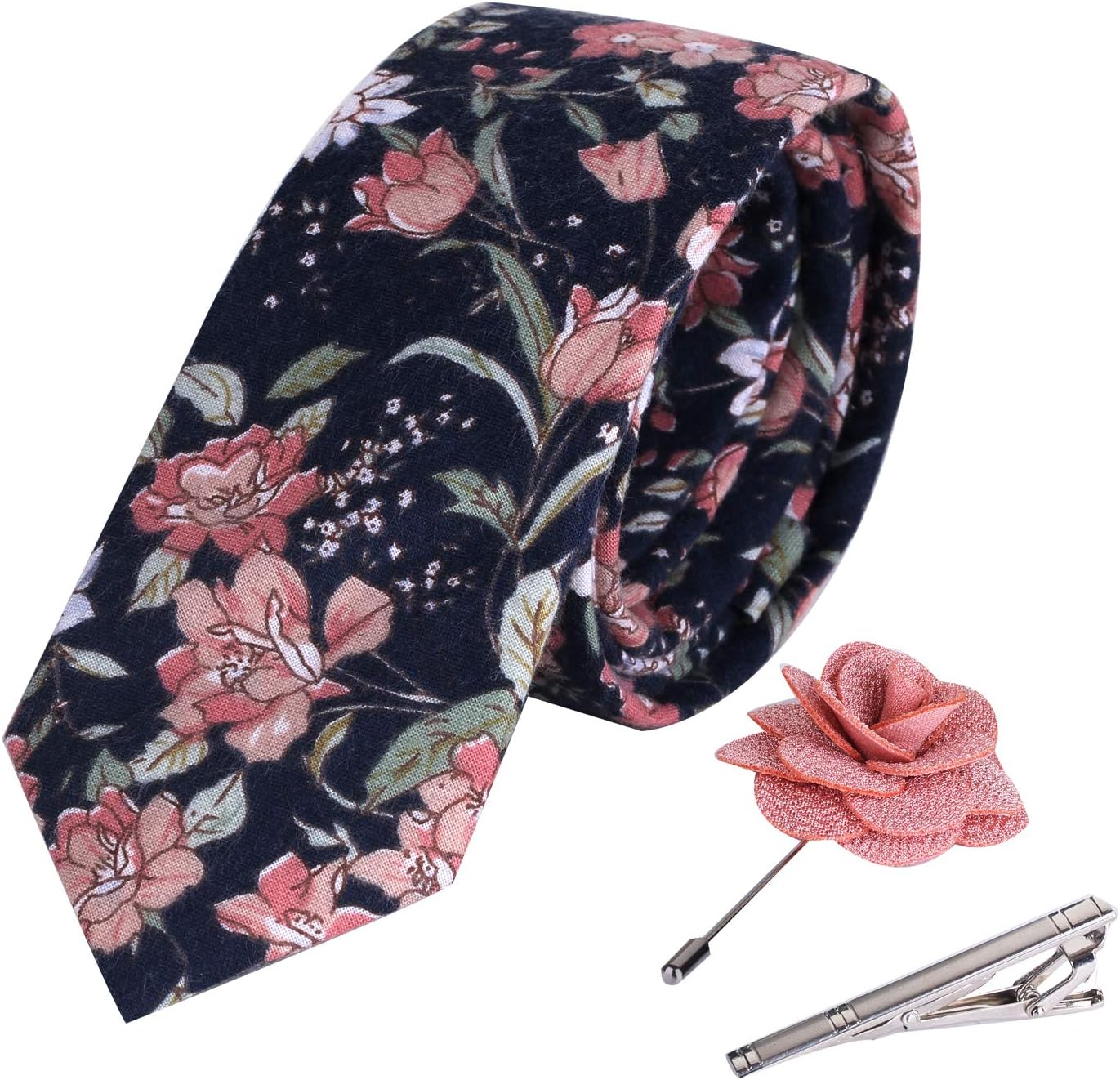 Men's Cotton Printed Floral Neck Tie Skinny Ties with Stainless Steel Tie Clip and Lapel Pin/Brooch Gift Set