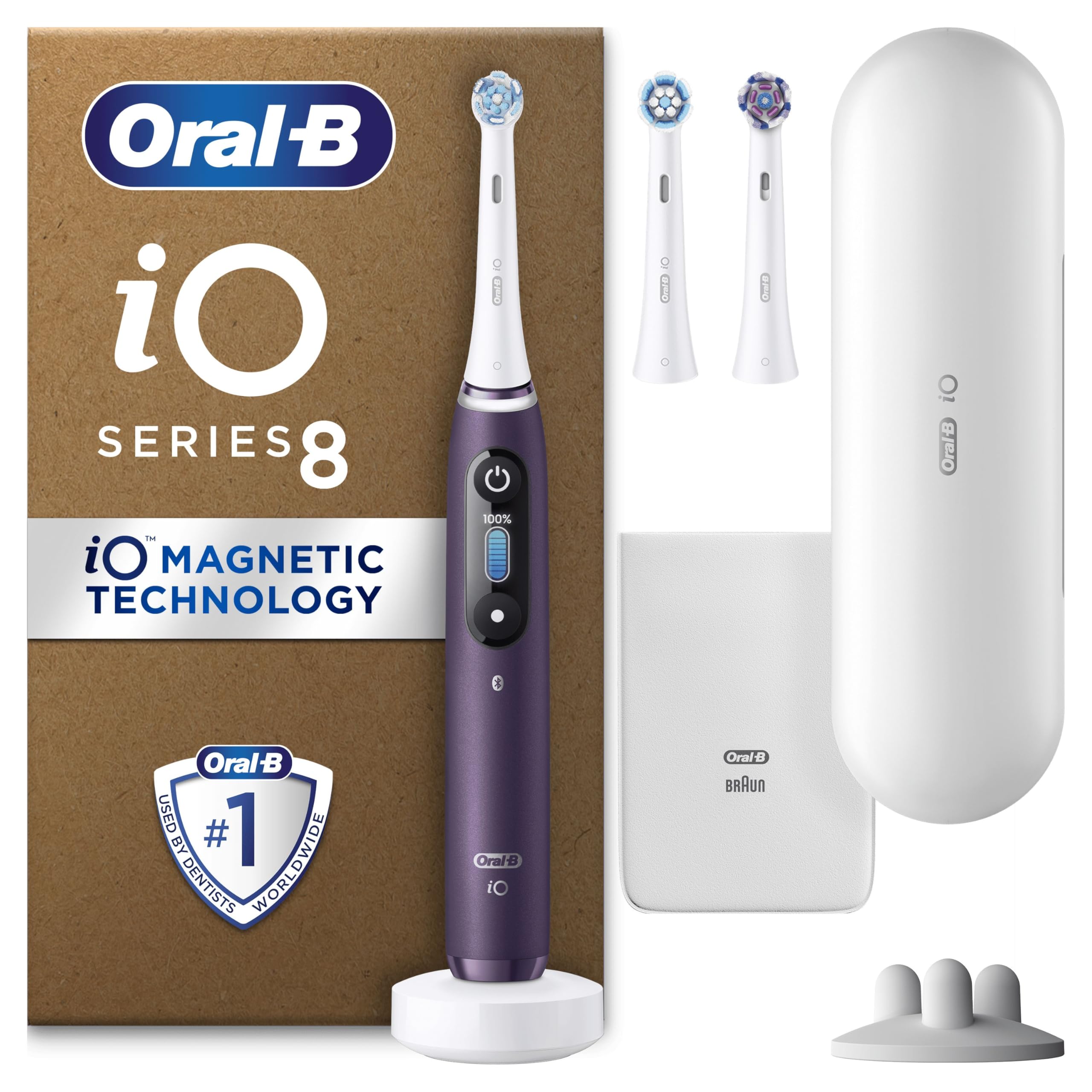 Oral-B iO8 Electric Toothbrushes For Adults, App Connected Handle, 3 Toothbrush Heads, Travel Case & Toothbrush Head Holder, 6 Modes, 2 Pin UK Plug, Violet