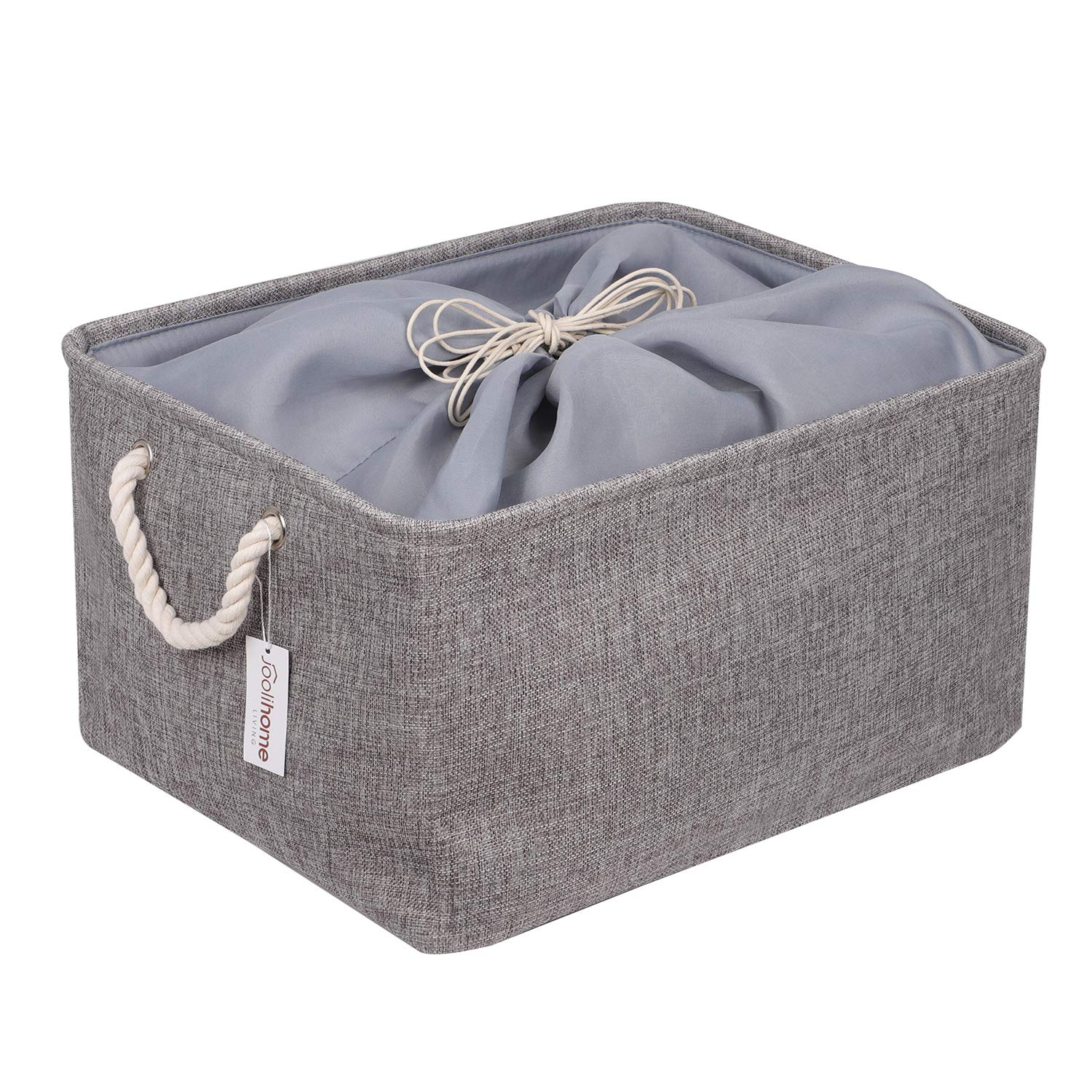 Jooli H Large Fabric Storage Box for Shelves, Foldable Storage Basket with Rope Handles and Drawstring Cover for Toys, Clothes, Books, 45x35x25cm, Grey