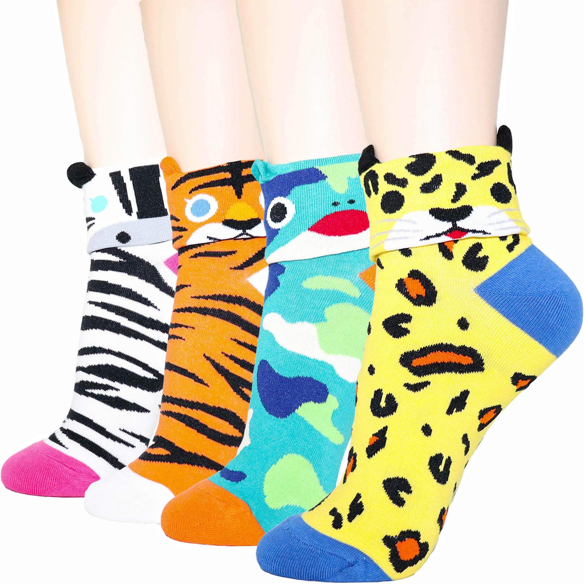 DearMy Womens Funny Design Casual Cotton Crew Socks | Art Patterned| Gifts for Women and Girls(Boys) (Zoo animal 4 Pairs)