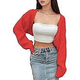LOFAAC Women Y2K Open Front Rib Knit Shrug Crop Cardigan Solid Drop Shoulder Puff Long Sleeve Crop Bolero Sweater Tops