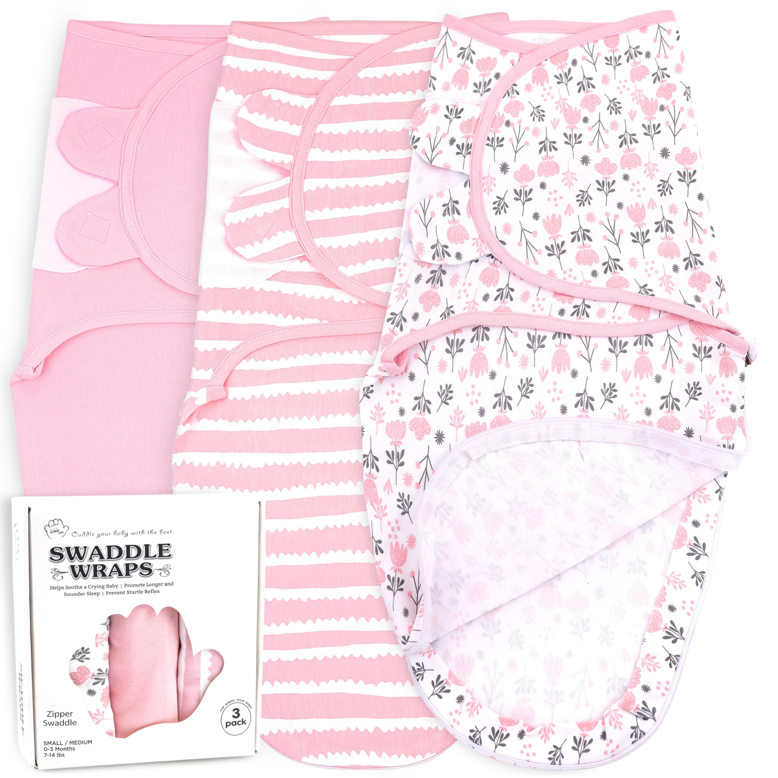 Photo 1 of Bublo Baby Organic Swaddles for Newborns – Zipper Swaddles 0-3 Months, 3-Pack – Infant Sleep Sack with Zipper – Adjustable & Breathable Swaddle Blanket Wrap for Newborn Girls, Pink Flowers