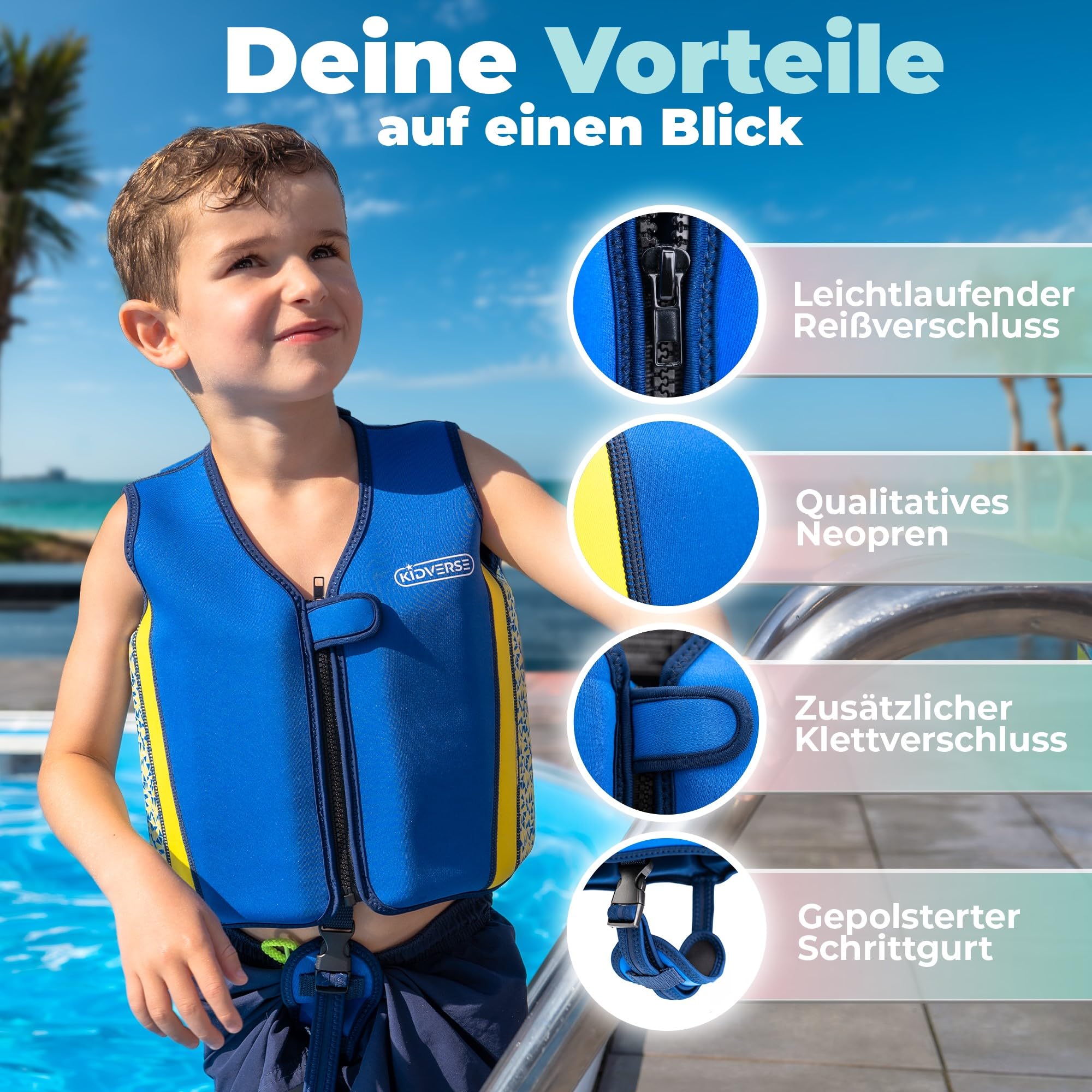KIDVERSE Schwimmweste Kinder 2-3 Jahre - TÜV geprüfte Schwimmhilfe mit Bauchumfang bis 56cm - Schwimmhilfe Kinder 2-3 Jahre - Kinderschwimmweste zum Schwimmen Lernen - Komfort Schwimmweste Kind 3