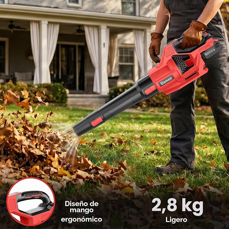 Soplador de Hojas 21V, Soplador Bateria con 2 Baterías de 4.0Ah, 3 Ajustes de Velocidad, 2 Tubos de Soplado, Correa para el Hombro para Soplar Hojas, Nieve, Polvo y Residuos, Rojo