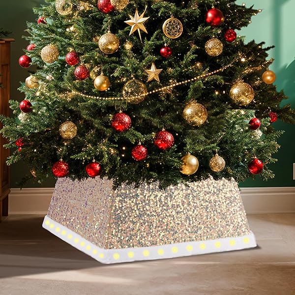 27 INCH SQUARE CHRISTMAS TREE SKIRT WITH LED LIGHTS – SPARKLING GLITTER FABRIC,BATTERY POWERED FOLDABLE SKIRT FOR CHRISTMAS HALLOWEEN HOLIDAY DECORATIONS TREES WITH A HEIGHT LESS THAN 8 FT
