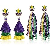 2 Pairs Mardi Gras Tassel Earrings for Women Purple Yellow and Green Mardi Gras Drop Earrings Colorful Carnival Tassel Ear-rings Fat Tuesday Celebration Party Costume Jewelry Accessories