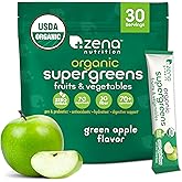 Zena Nutrition Organic Super Greens Powder, 70+ Superfoods, 0 Sugar, 3g Fiber, Spirulina, Chlorella, Mushrooms, Prebiotics/Probiotics, Digestive Enzymes, Gut Health, Green Apple, 30 Drink Mix Packets