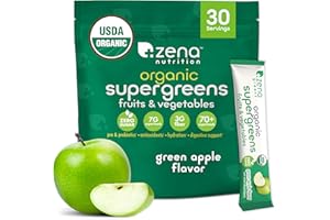 ZENA FIT NUTRITION Zena Nutrition Organic Supergreens On-The-Go Powder, 70+ Superfoods, 0 Sugar, 3G Fiber, Spirulina, Chlorella, Antioxidants, Prebiotics/Probiotics, Digestive Enzymes, Green Apple, 30 Drink Mix Packets