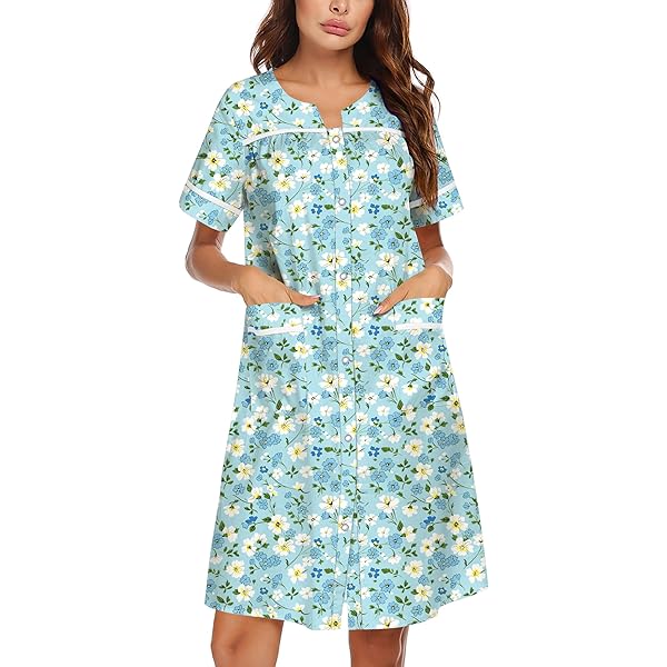 Casual Nights Womens Snap Front House Dress Short Sleeve Woven Housecoat  Duster Lounger Robe, Floral Blue, Small at Amazon Women's Clothing store