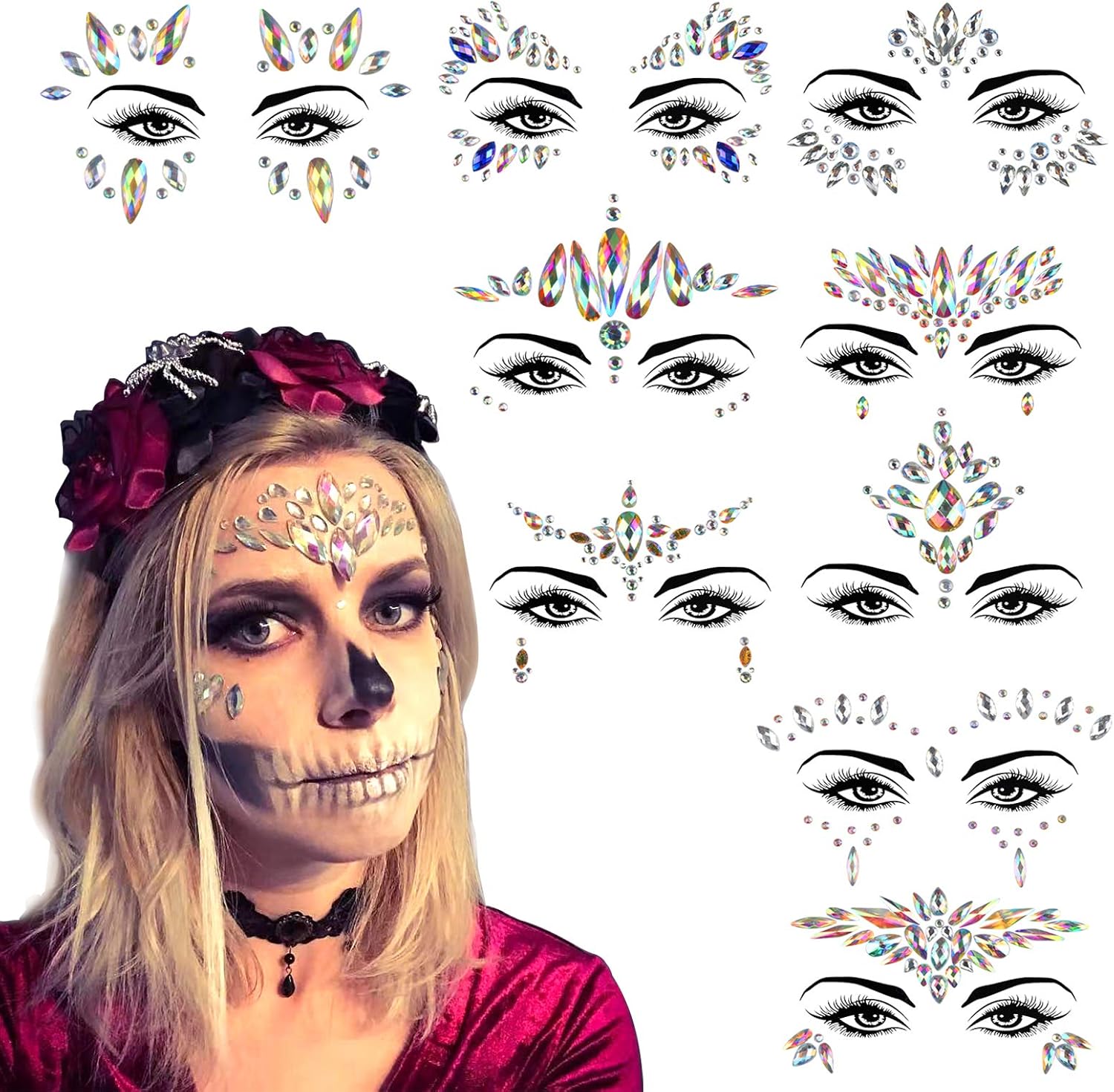 Tatuaje Cristal Temporal Carnaval KATOOM 9pcs Joyas Pegatinas Faciales Gemas,Cara Diamantes de Imitación,Hada de las flores para Fiestas, Maquillaje Cosplay Juego de Roles Disney Mujeres