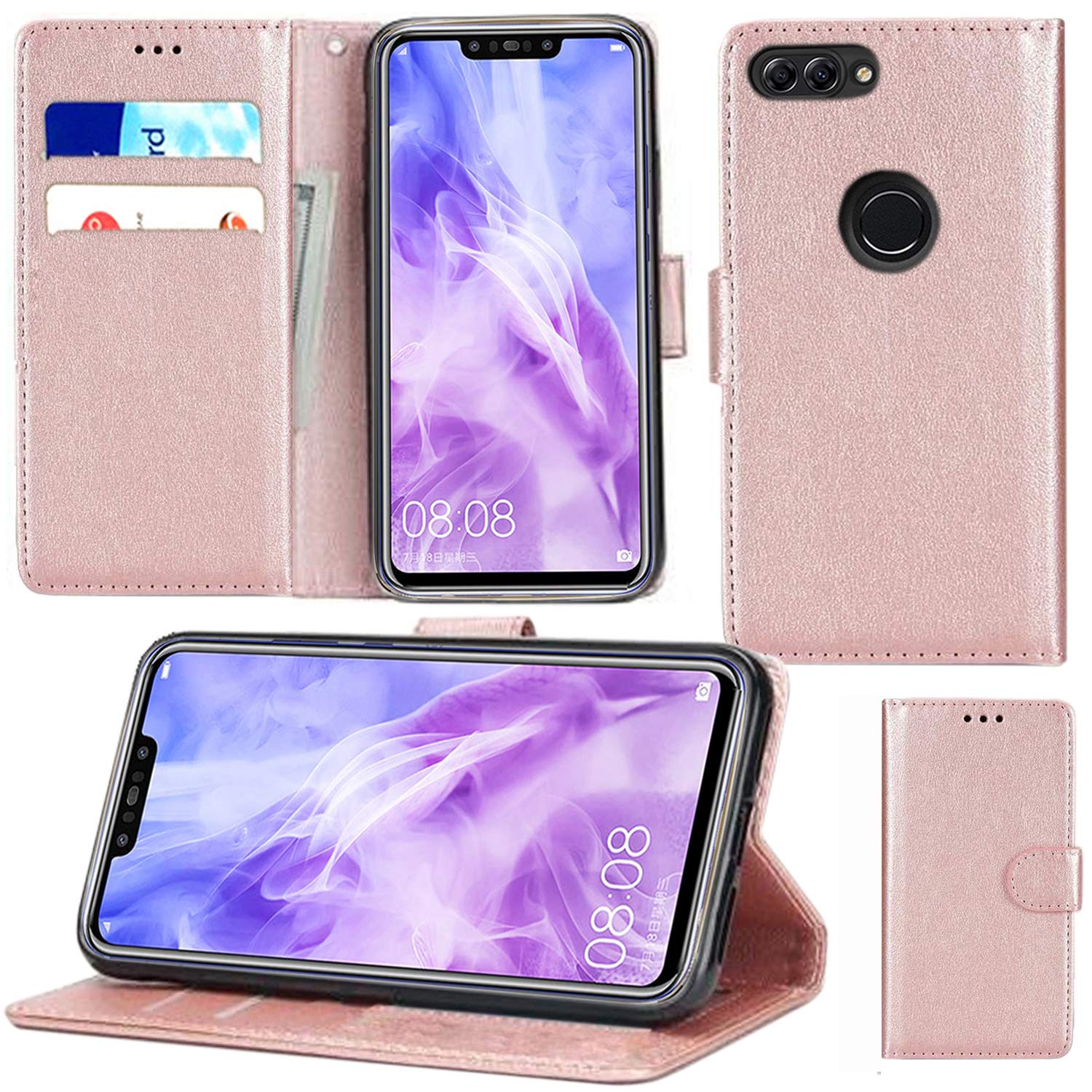 Huawei P Smart/Huawei Enjoy 7S Case, Full Body Protective Case with Card Slot, Magnetic Closure Rose Gold