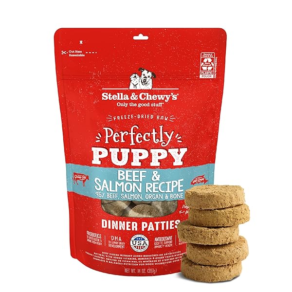 STELLA & CHEWY’S FREEZE DRIED RAW DINNER PATTIES – CRAFTED FOR PUPPIES – GRAIN FREE, PROTEIN RICH PERFECTLY PUPPY BEEF & SALMON RECIPE – 14 OZ BAG