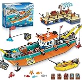 City Fishing Boat Wharf Building Set - Floatable Sea Fishing Ship Building Block Kit with Speedboat Crane Containers Exploration Boats Toy Birthday Gift for Kids Boys Girls 6 7 8 9 10+, 762PCS
