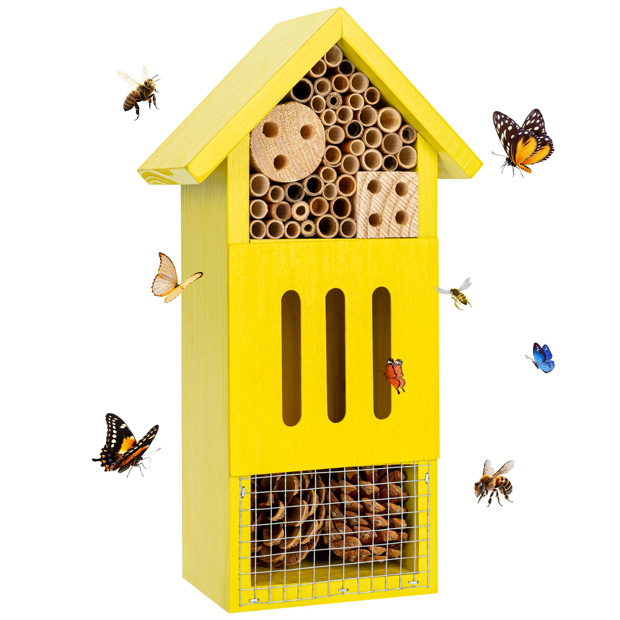 Photo 1 of Bee House Bug Hotel & Butterfly House, Handcrafted Wooden Ladybug House, Natural Insect Habitat for Garden, Patio, or Yard, Durable Pine Wood, Attracts Pollinators, 10.4 x 5.5 x 3.2 Inches