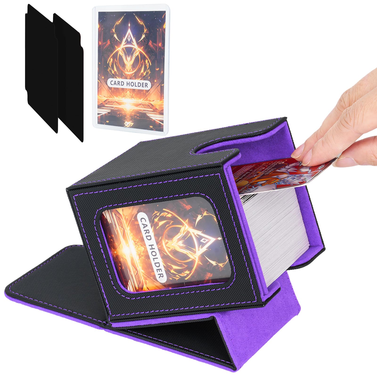 IVODEELA Card Deck Box for MTG Commander,Magnetic Card Display Case with two Dividers,TCG Card Storage Box,PU Leather Trading Card Storage Box Holds 100 Double-Sleeved Cards,Black Purple