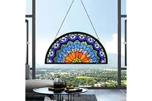 YOURANJU Peacock Half Moon Stained Glass Window Hanging Tiffany Style 16" x 8" Blue Half-Round Window Panel Housewarming Gift Living Room Bedroom Kitchen Window Decorative Hangings with Chain