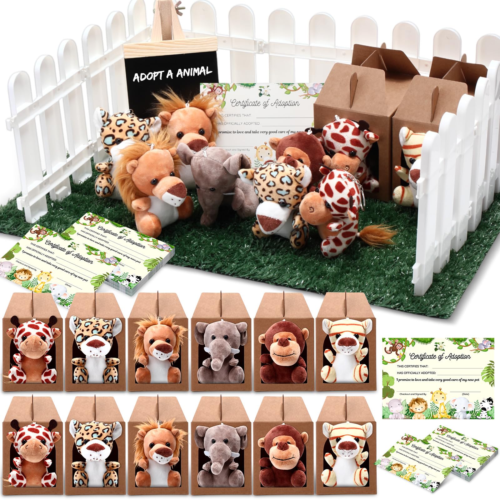 Photo 1 of Blueweenly 84 Pcs Adopt a Pet Party Favors 24 Mini Plush Stuffed Animals 10 White Plastic Fence 24 Paper Gift Boxes 24 Adoption Cards with Mini Chalkboard and Artificial Lawn(Safari Animals)