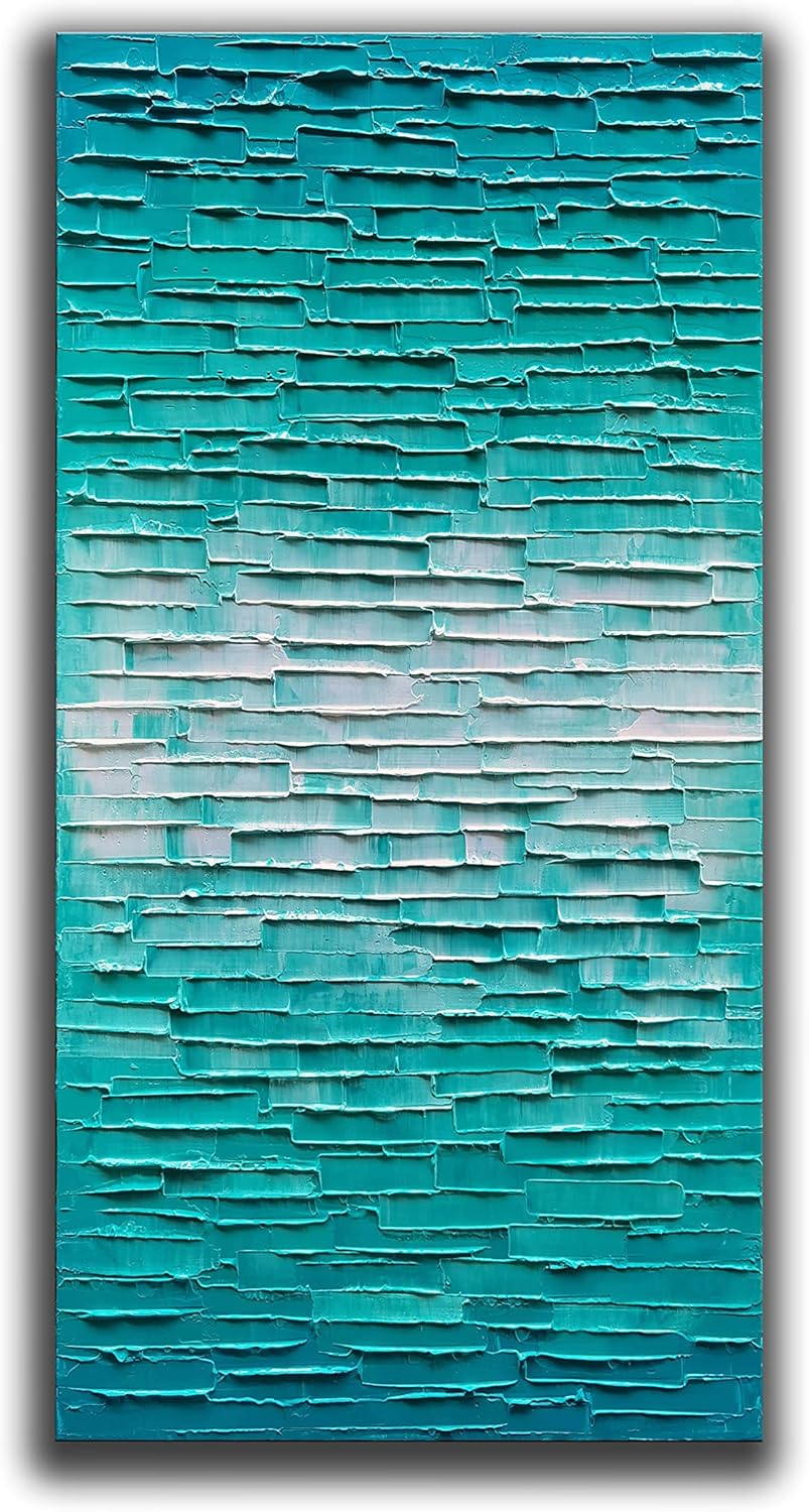 Paintings - JELRINR Modern Abstract Art Oil Painting on Canvas Hand Painted Texture blue-green Abstract Canvas Wall Art Decoration Contemporary Artwork Framed Ready to Hang 24x48inch