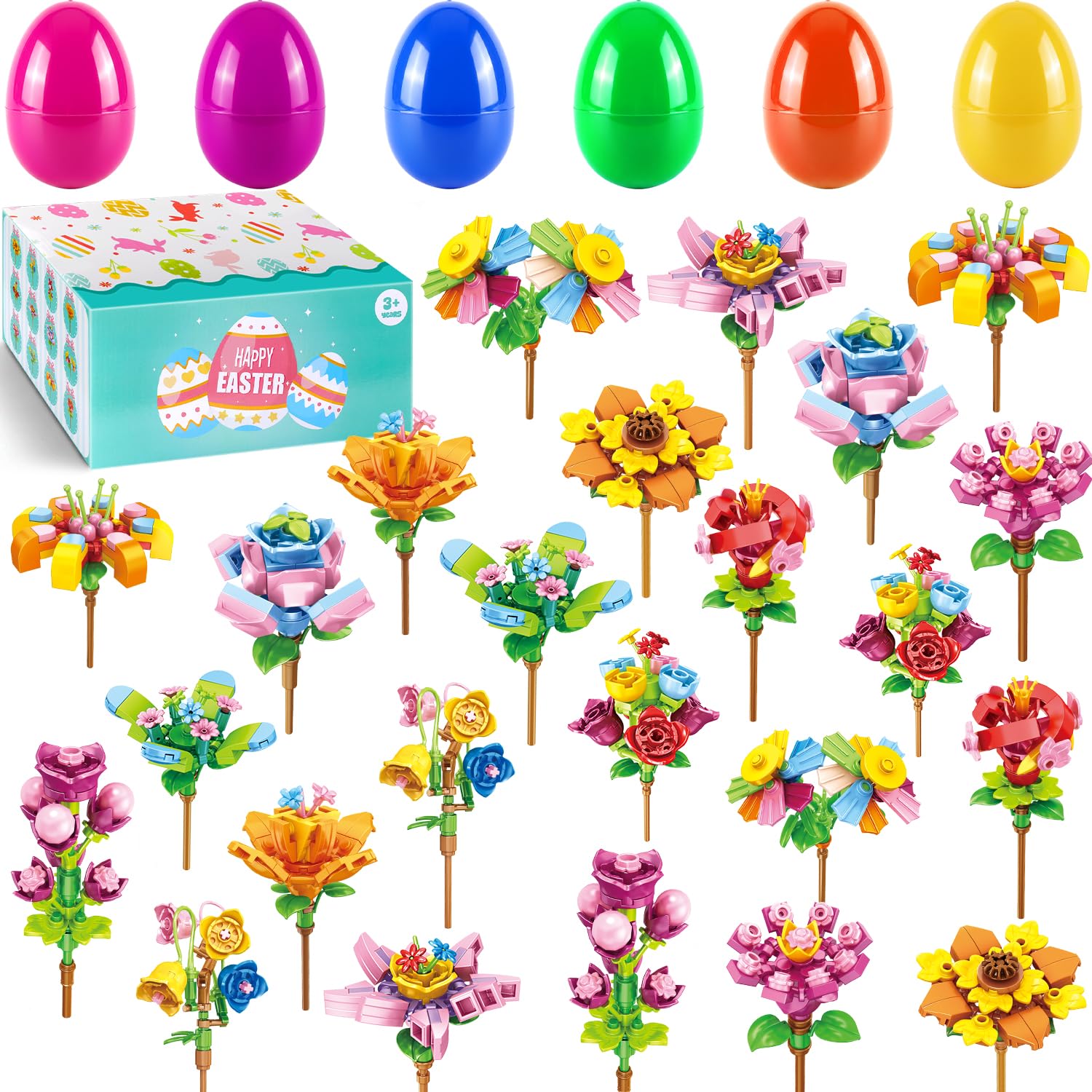 spxkd 24 PCS Easter Eggs Filled with Flower Building Blocks, Easter Basket Stuffers Fillers for Kids, Classroom Prizes, Easter Party Favors Gifts for Boys and Girls (Easter Flower)
