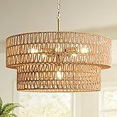 23.6" Boho Rattan Chandelier, 6-Light Large Rattan Pendant Light with 2-Tier Wicker Shade, Bohemian Farmhouse Ceiling Light F