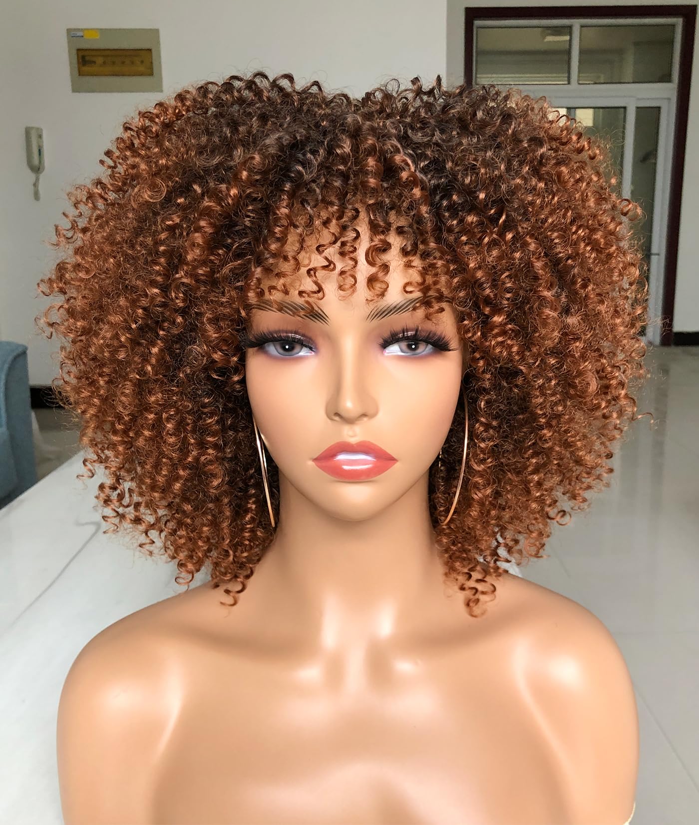 Lizzy 10 Inch Afro Curly Wigs for Black Women Synthetic Afro Wig with Bangs Heat Resistant Short Kinky Curly Wigs for Cosplay and Daily (Black to Brown)