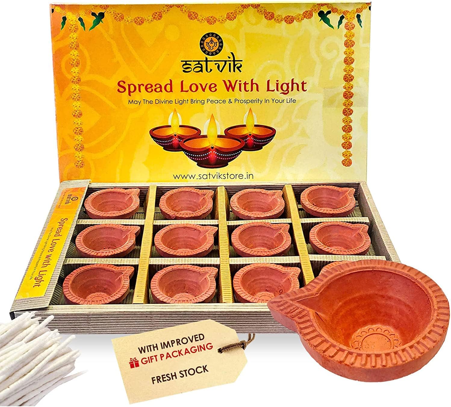 Oil Lamps & Accessories - SATVIK Clay Diya 12 Pc Set Earthen Diya with Cotton Wicks Batti Terracotta Diwali Dia Traditional Oil Lamp for Puja Vilakku Made of Natural Mitti Welcome Deepawali Pooja Decoration Indian Gift Items