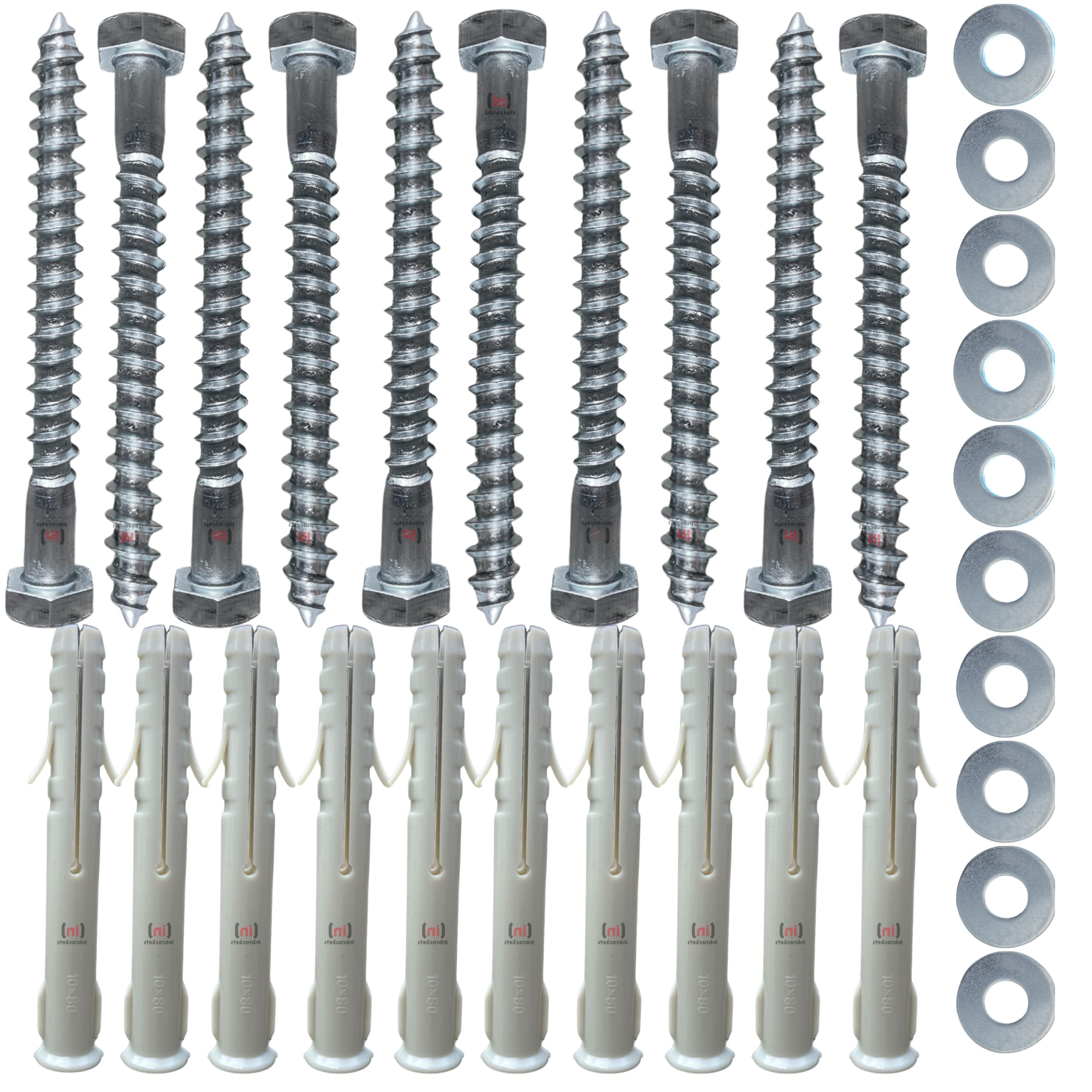 Inbrackets Value 10 PACK OF M8 x 80mm Masonry Brick Wall Fixing Screw Bolts with Plugs & Washers HEAVY DUTY ANCHORS for Aerial Satellite Sky Dish Fence shelves decking Mounting (10)