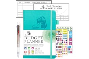 Budget Planner, 2026 Monthly Undated Bill Organizer Hardcover Financial Journal, Feela Money Expense Tracker with Budget Envelopes, Stickers, 1 Pen, User Manual, A5, Last 12 Months, Turquoise